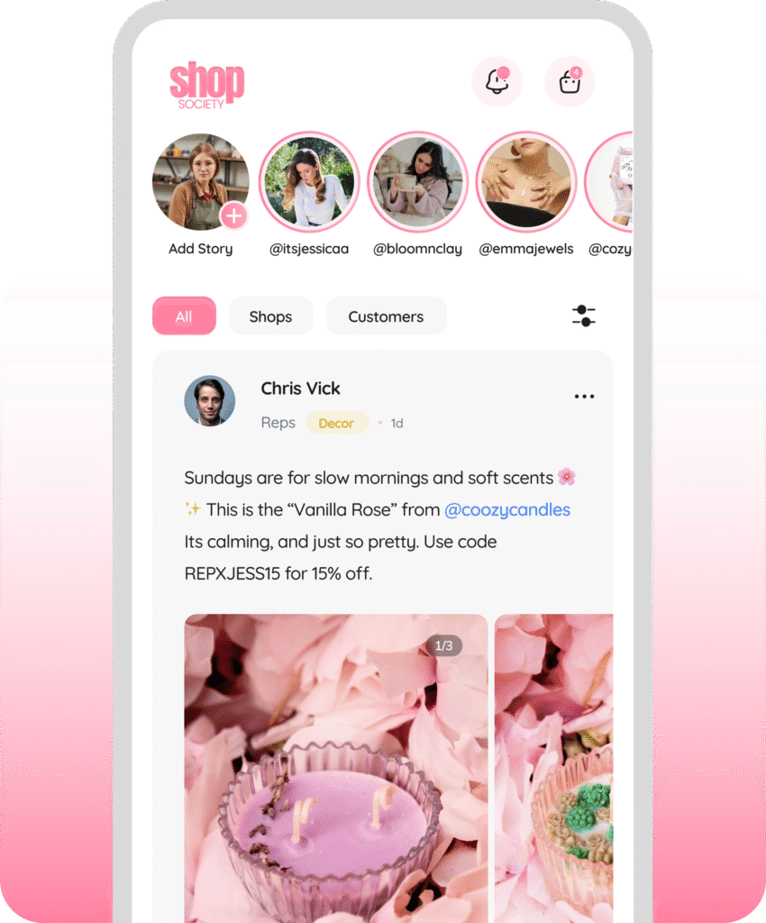 Shop Society home feed screen